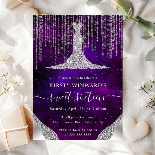 Diamond Dress & Bokeh String Lights Sweet 16 Invitation (Creator Uploaded)
