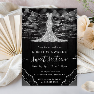 Diamond Dress & Bokeh String Lights Sweet 16 Invitation
