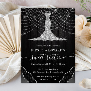 Diamond Dress & Bokeh String Lights Sweet 16 Invitation