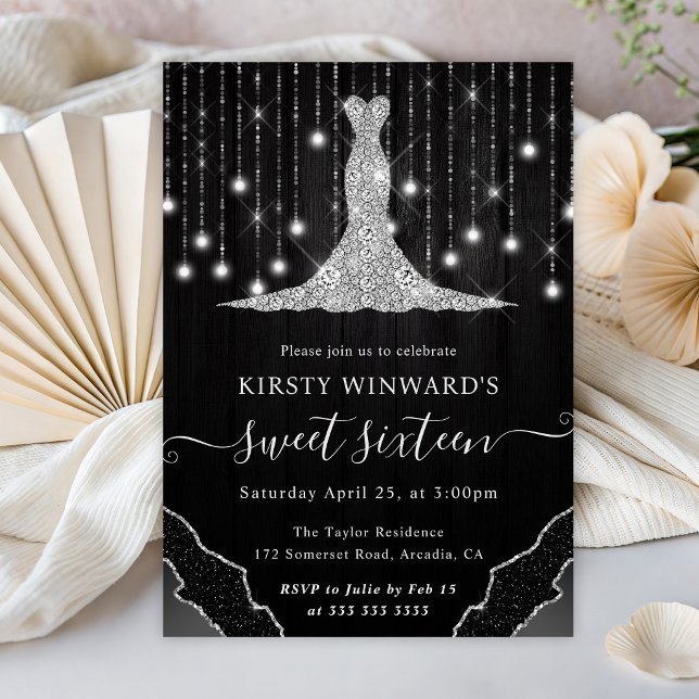 Diamond Dress & Bokeh String Lights Sweet 16 Invitation (Creator Uploaded)