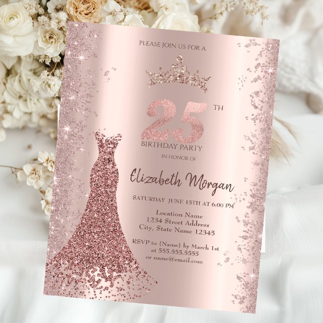 Diamond Dress Rose Gold Glitter Dust 25th Invitation (Creator Uploaded)