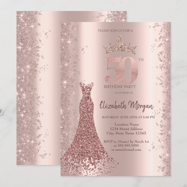 Diamond Dress Rose Gold Glitter Dust 60th Birthday Invitation (Front/Back)