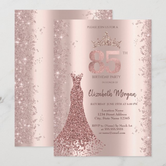 Diamond Dress Rose Gold Glitter Dust 85th Birthday Invitation (Front/Back)