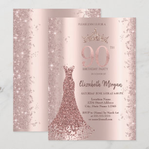 Diamond Dress Rose Gold Glitter Dust 90th Birthday Invitation