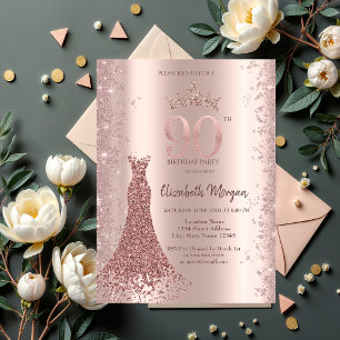 Diamond Dress Rose Gold Glitter Dust 90th Birthday Invitation