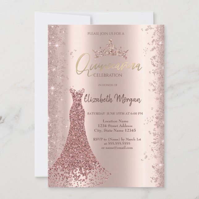 Diamond Dress Rose Gold Glitter Dust Quinceañera   Invitation (Front)