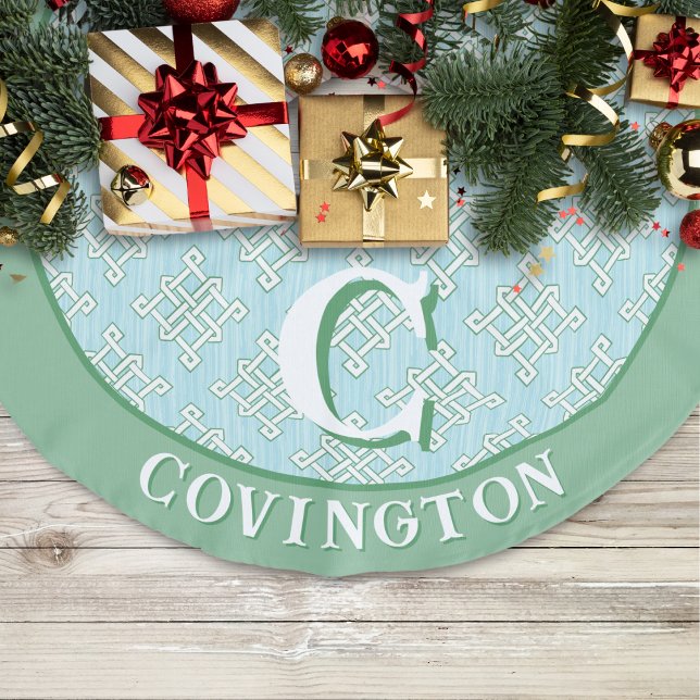 Diamond Endless Knot in Green + Aqua Personalized Faux Linen Tree Skirt (Creator Uploaded)