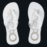 Diamond Engagement Ring Bling Wedding BRIDE Flip Flops<br><div class="desc">Features an original marker illustration of a sparkling diamond ring, with BRIDE in a fun font. Perfect for engagements, weddings, bridal showers, bachelorette parties and more! Designer is available to create and upload custom designs to match the colours and themes of your wedding--click "Ask this Designer" to begin the design...</div>