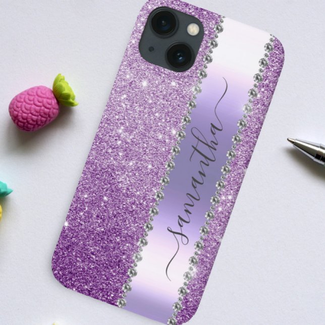 Diamond Faux Glitter Calligraphy Name Purple  Case-Mate iPhone Case (Creator Uploaded)