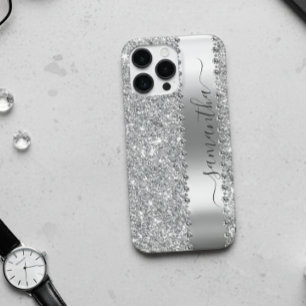 Diamond Faux  Glitter Calligraphy Name Silver iPhone 12 Pro Case