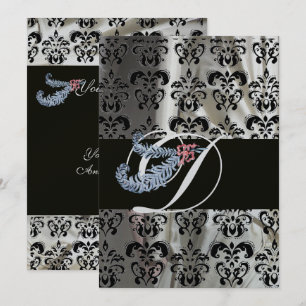 DIAMOND FEATHER SILVER BLACK SILK DAMASK MONOGRAM INVITATION