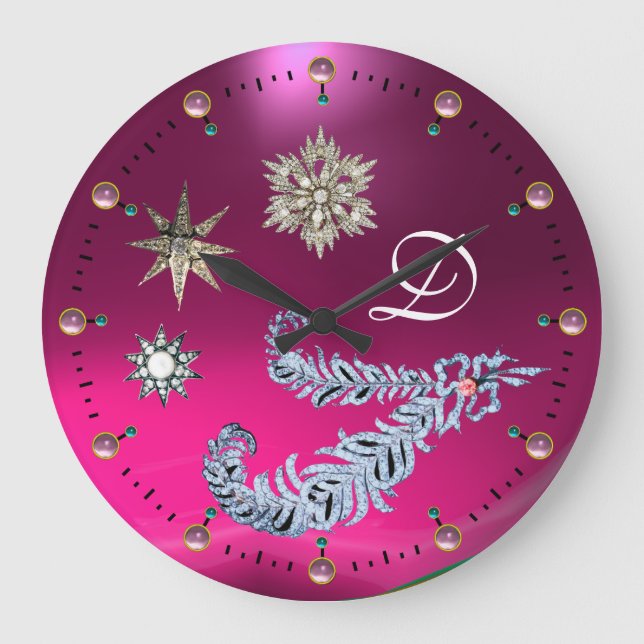 DIAMOND FEATHERS AND STARS PINK GEMSTONE MONOGRAM LARGE CLOCK (Front)