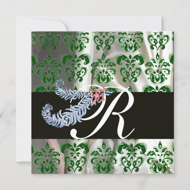DIAMOND FEATHERS GREEN WHITE SILK DAMASK MONOGRAM INVITATION (Front)