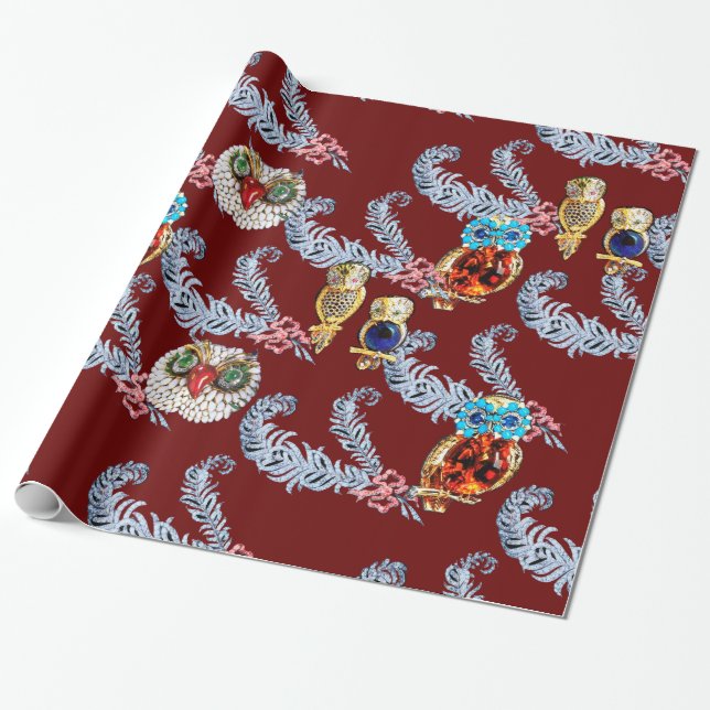 DIAMOND FEATHERS, JEWEL OWLS IN RED WRAPPING PAPER (Unrolled)
