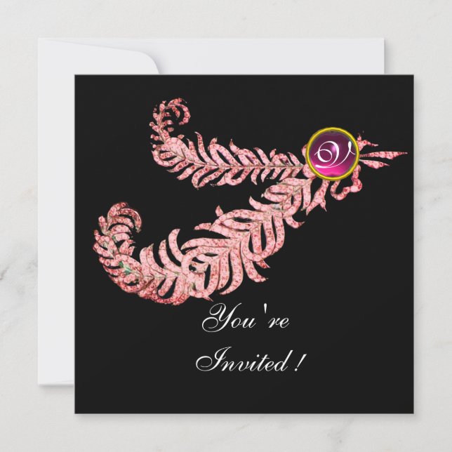 DIAMOND FEATHERS MONOGRAM ,red ruby ,pink Invitation (Front)