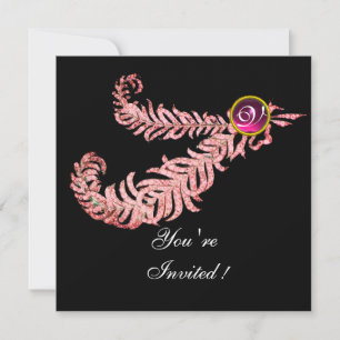 DIAMOND FEATHERS MONOGRAM ,red ruby ,pink Invitation
