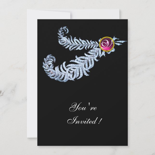 DIAMOND FEATHERS MONOGRAM ,red ruby ,pink Invitation (Front)