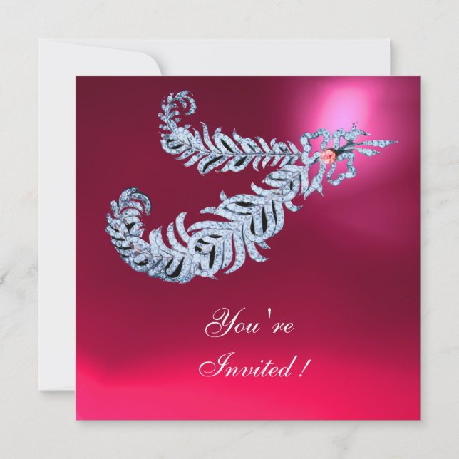 DIAMOND FEATHERS Pink Fuchsia Red Ruby Champagne Invitation (Front)