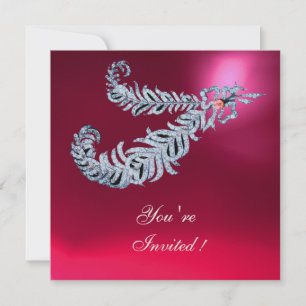 DIAMOND FEATHERS Pink Fuchsia Red Ruby Champagne Invitation