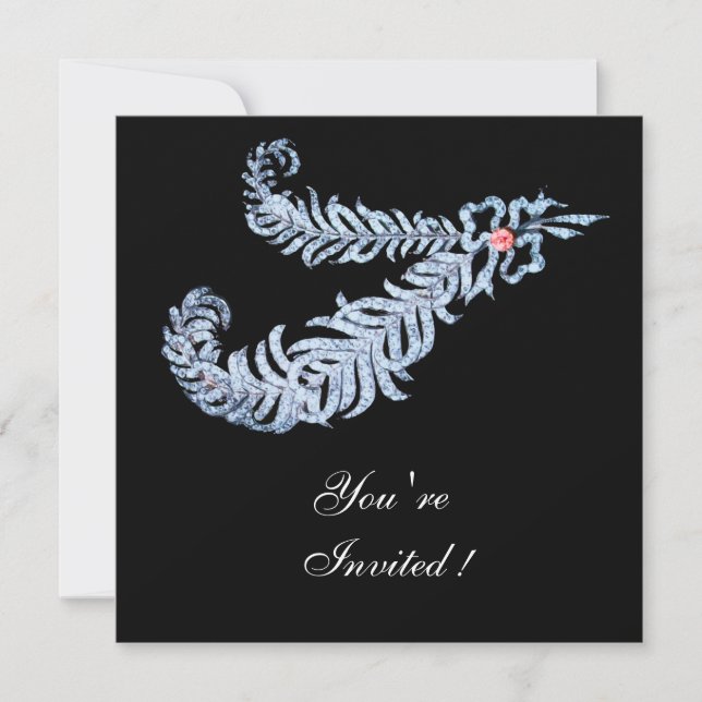 DIAMOND FEATHERS PINK GEM White Black Wedding Invitation (Front)
