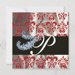 DIAMOND FEATHERS RED WHITE SILK DAMASK MONOGRAM INVITATION