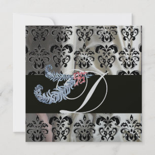 DIAMOND FEATHERS SILVER BLACK SILK DAMASK MONOGRAM INVITATION