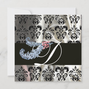 DIAMOND FEATHERS WHITE BLACK SILK DAMASK MONOGRAM INVITATION