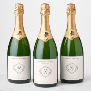 Diamond Floral Monogram Evergreen Wedding Sparkling Wine Label