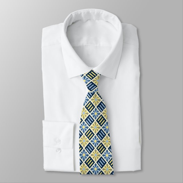 Diamond Flower Geometric Blue & Yellow Two-sided Tie (Tied)
