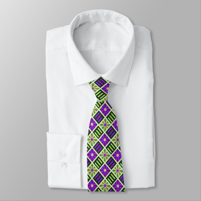 Diamond Flower Geometric Moss & Violet Two-sided Tie (Tied)