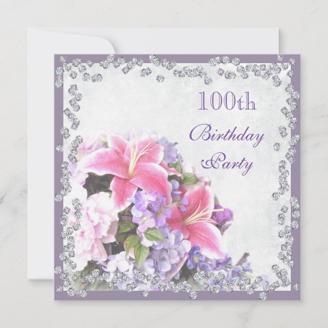 Diamond Framed Flowers 100th Birthday Invitation (Front)