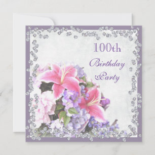 Diamond Framed Flowers 100th Birthday Invitation