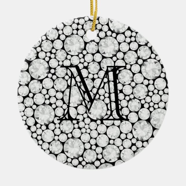 Diamond Gems Monogram Initial Black Elegant  Ceramic Ornament (Front)
