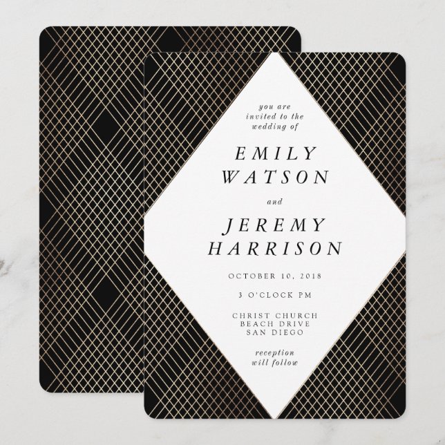 Diamond Geometric Black Deco Gold Gatsby Wedding Invitation (Front/Back)