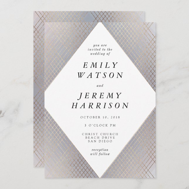 Diamond Geometric Grey Deco Gold Gatsby Wedding Invitation (Front/Back)