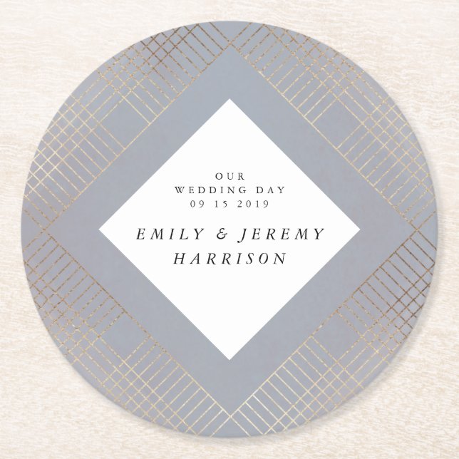 Diamond Geometric Grey Gold Gatsby Wedding Round Paper Coaster (Front)