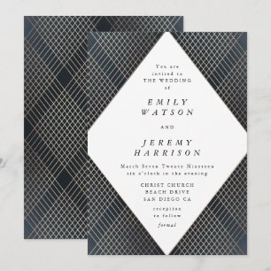 Diamond Geometric Navy Deco Gold Gatsby Wedding Invitation
