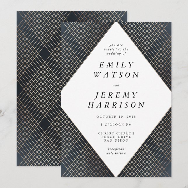 Diamond Geometric Navy Deco Gold Gatsby Wedding Invitation (Front/Back)
