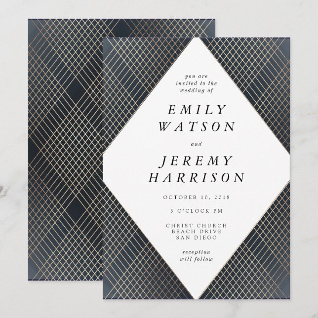 Diamond Geometric Navy Deco Gold Gatsby Wedding Invitation (Front/Back)
