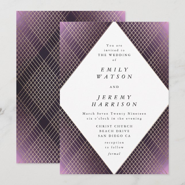 Diamond Geometric Purple Deco Gold Gatsby Wedding Invitation (Front/Back)