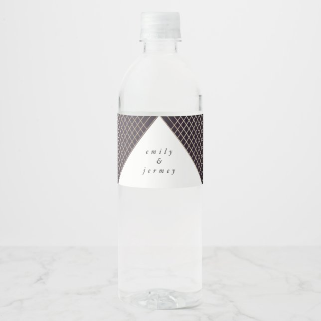 Diamond Geometric Purple Gold Gatsby Wedding Water Bottle Label (Front)