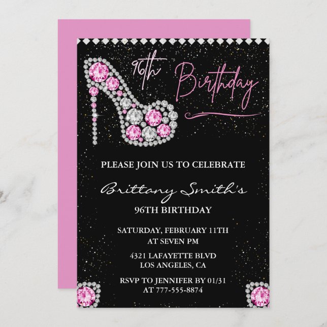 Diamond Glam Black Pink Glitter Shoe 96th birthday Invitation (Front/Back)
