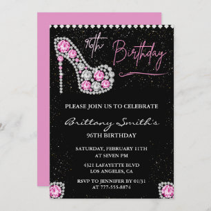 Diamond Glam Black Pink Glitter Shoe 96th birthday Invitation