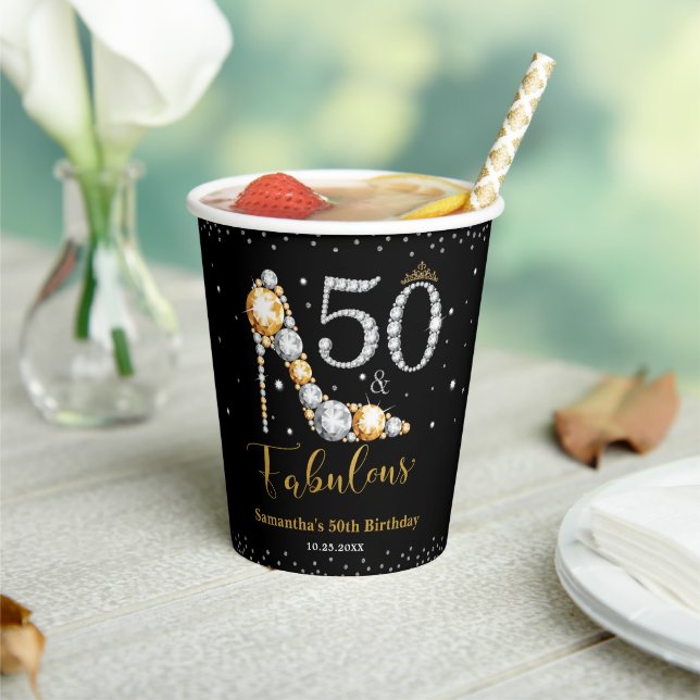 Diamond Glitter Fifty and Fabulous 50th Birthday Paper Cups (Insitu)