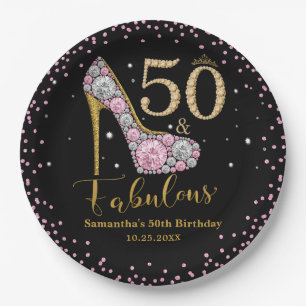 Diamond Glitter Fifty and Fabulous 50th Birthday Paper Plate