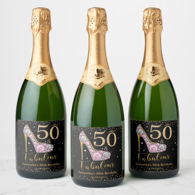 Diamond Glitter Fifty and Fabulous 50th Birthday Sparkling Wine Label (Bottles)