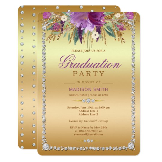 Diamond Glitter Watercolor Flowers Gold Grad Party Card
