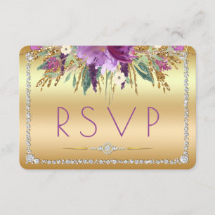 Diamond Glitter Watercolor Flowers Gold RSVP Card