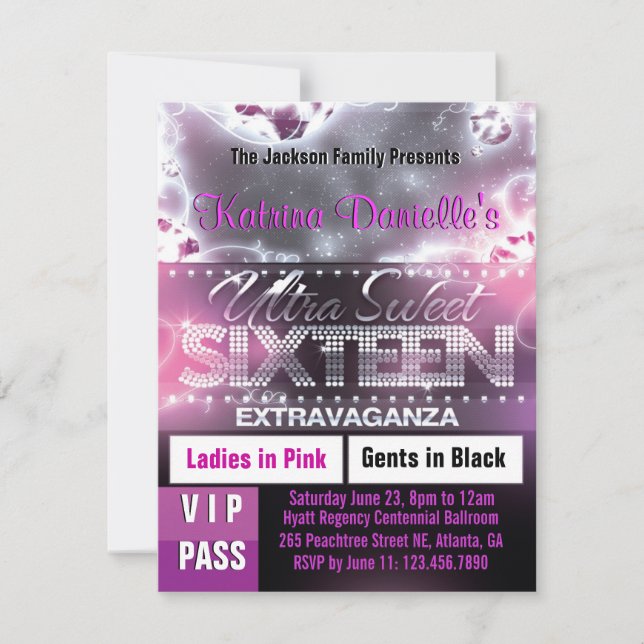 Diamond Glow Sweet Sixteen VIP Pass Invite [Pink] (Front)