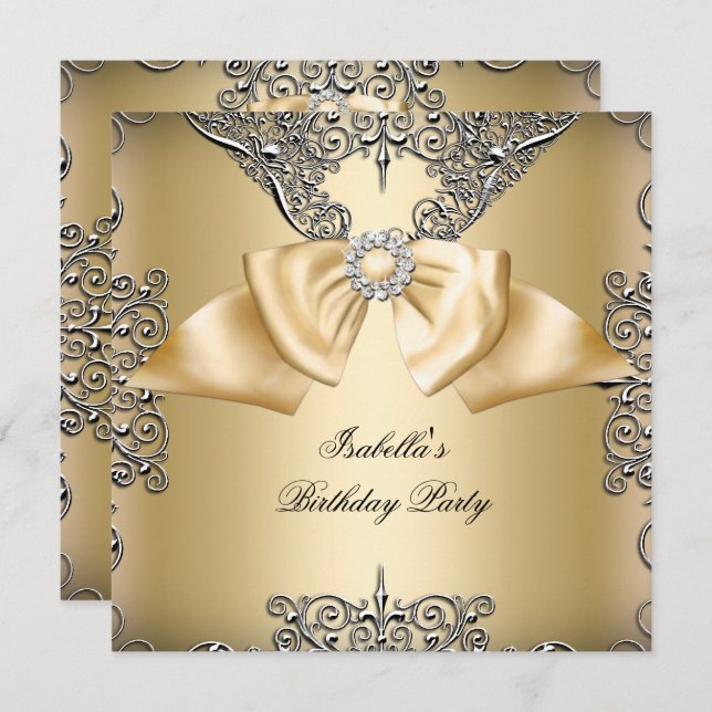 Diamond Gold Cream Bow Silver Elegant Birthday Invitation (Front/Back)